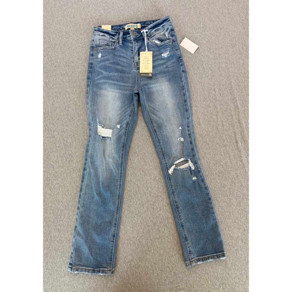Rockin C Cavenders Womens Straight Leg Distressed Ripped Denim Jeans Size 25